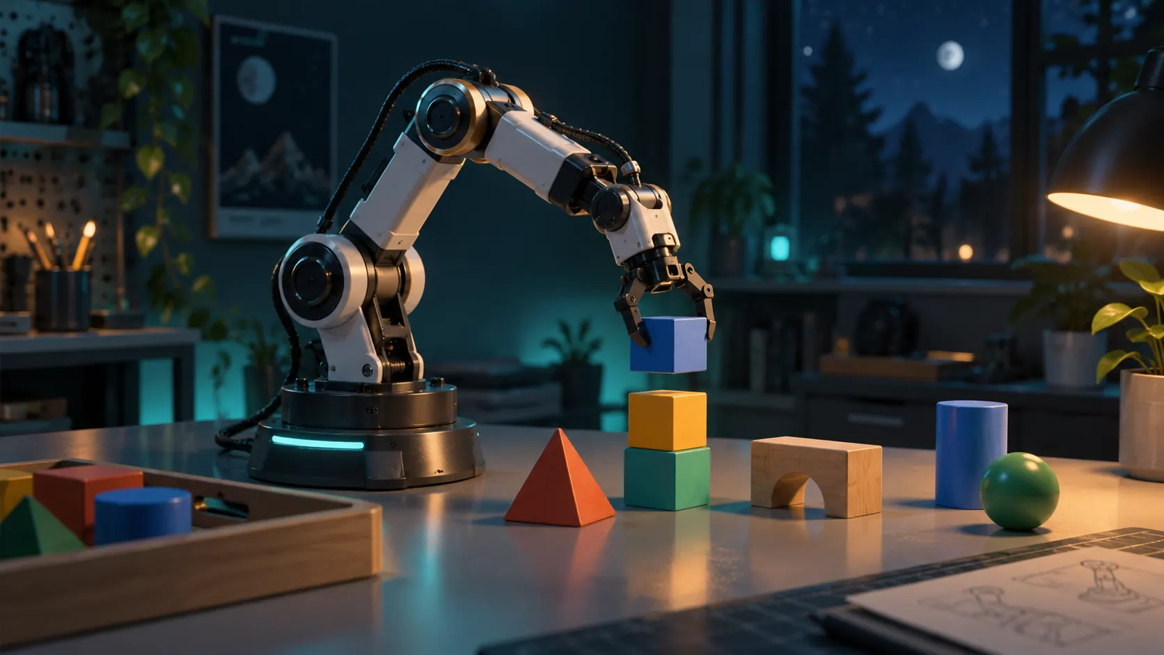 Concept illustration of a robotic arm arranging colorful blocks