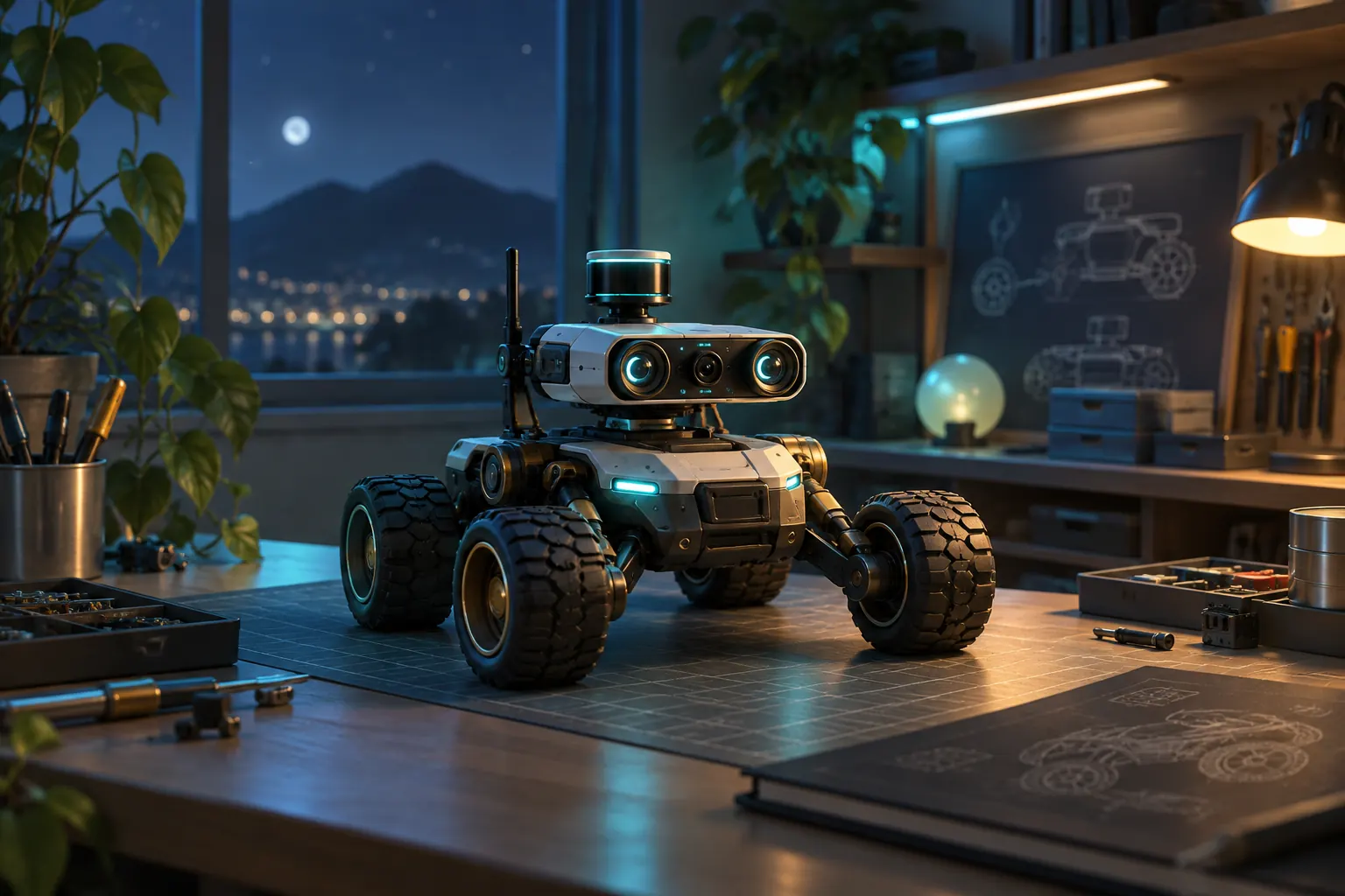 Concept illustration of a wheeled rover robot on a workbench at night